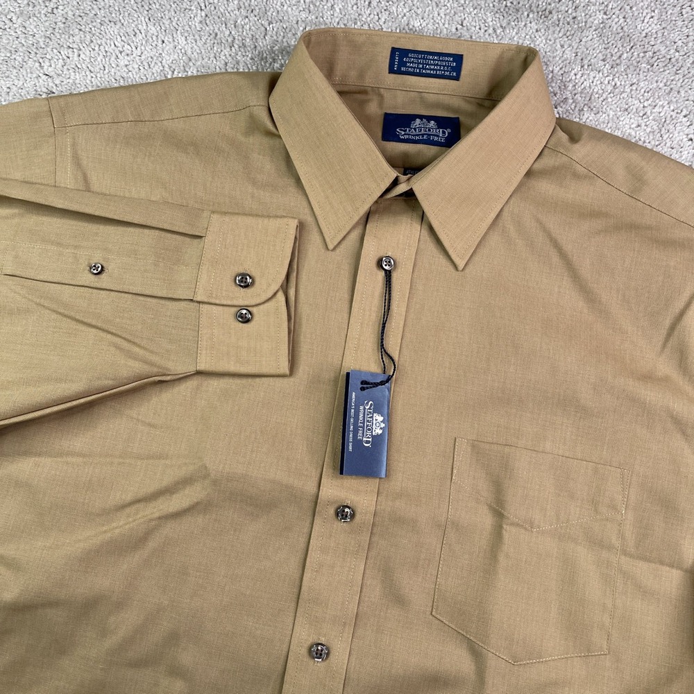 NEW Stafford Shirt Mens 17 32 Tan Wrinkle Free Athletic Fit Button Down Vintage